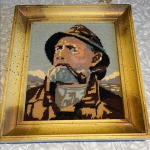 VINTAGE NEEDLEPOINT FISHERMAN FRAMED NAUTICAL ARTWORK FRAMED 14x12" SEA CAPTAIN
